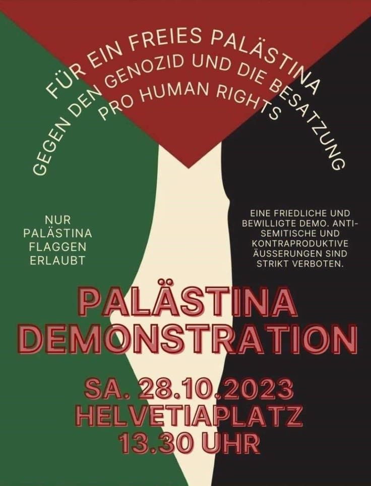 Unter anderem wird mit diesem Flyer über die am Samstag stattfindende Palästina-Demo in Zürich informiert. Er kursiert auf den sozialen Medien.