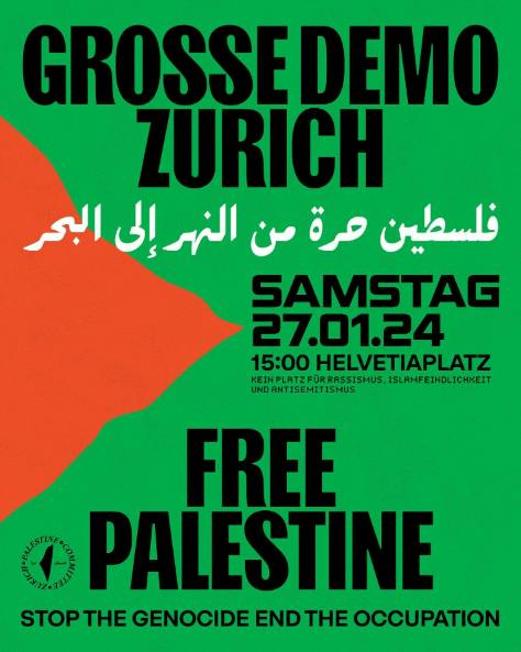 Am 27. Januar ist in Zürich eine Grossdemo für Palästina angekündigt.