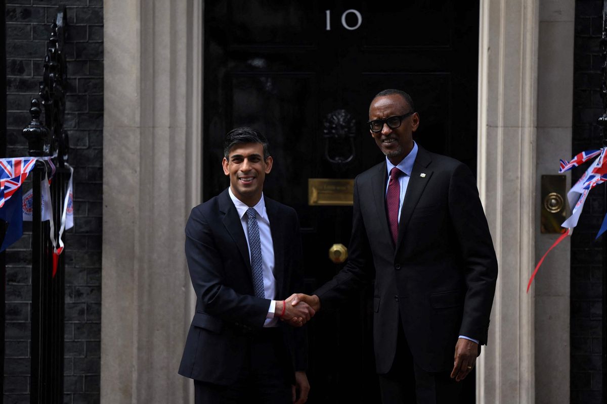 Der britische Premier Rishi Sunak im Mai 2023 mit Ruandas Präsident Paul Kagame in London. Sunak warb mit dem Slogan «Stop the boats» für sein Gesetzesvorhaben.