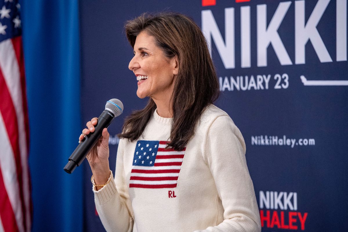 Former UN ambassador and 2024 presidential hopeful Nikki Haley speaks during a get-out-the-vote Pizza and Politics campaign event at the Franklin Pierce University in Rindge, New Hampshire, on January 20, 2024. (Photo by Joseph Prezioso / AFP)