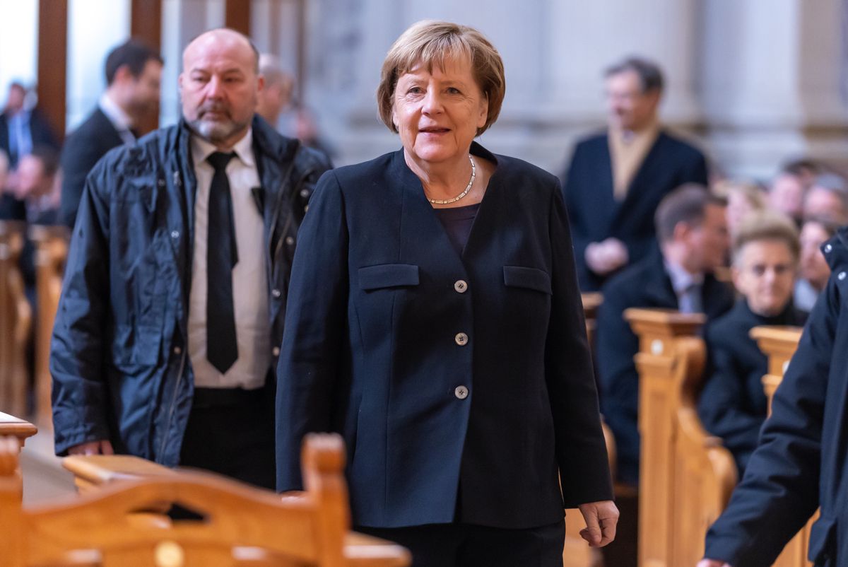 Die frühere Kanzlerin Angela Merkel vor Beginn des Gedenkgottesdienstes für Schäuble im Berliner Dom. (22. Januar 2024)