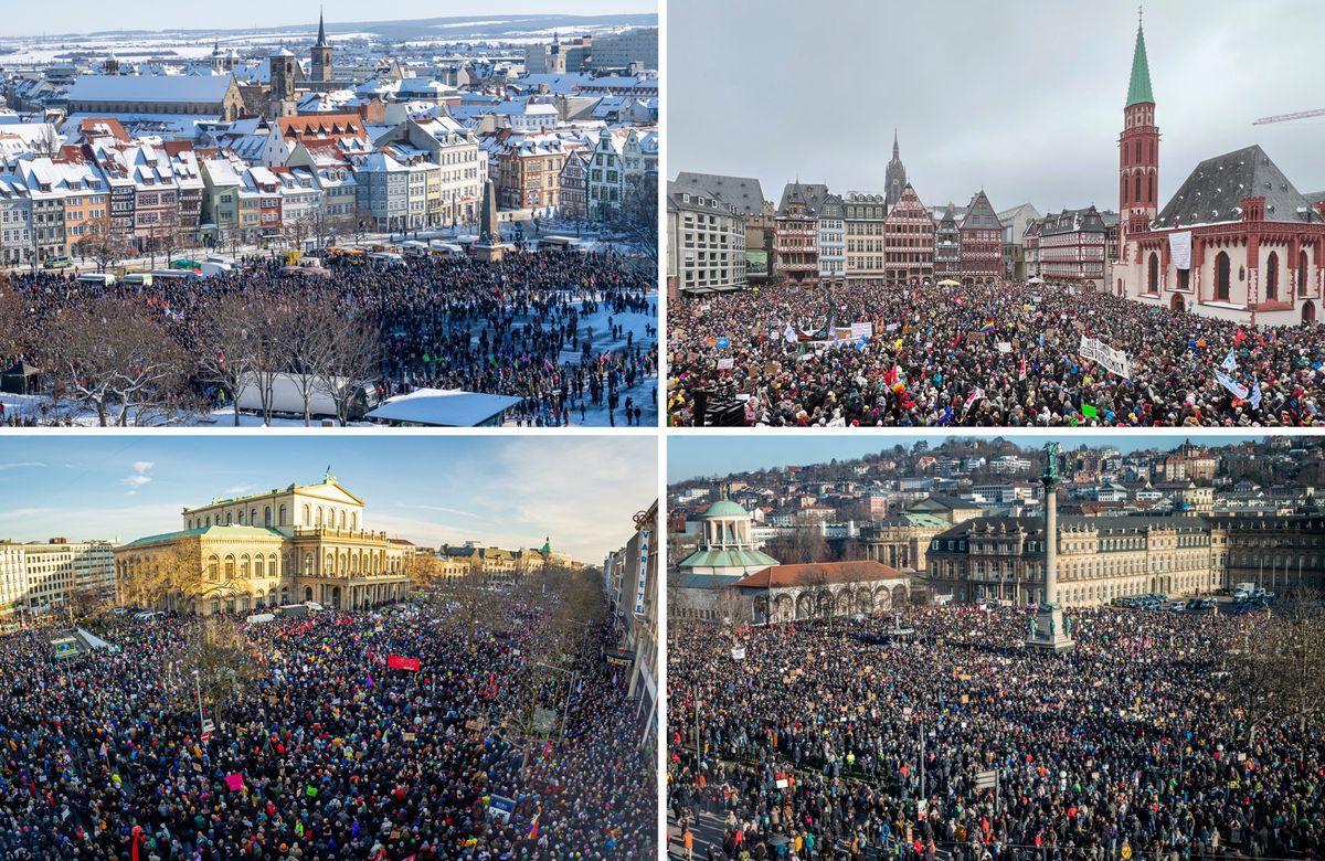 Tausende Menschen haben schon gestern in mehreren deutschen Städten u.a. Erfurt (oben links nach unten rechts), Frankfurt am Main, Hannover und Stuttgart gegen die AFD und Rechtsextremismus demonstriert. 