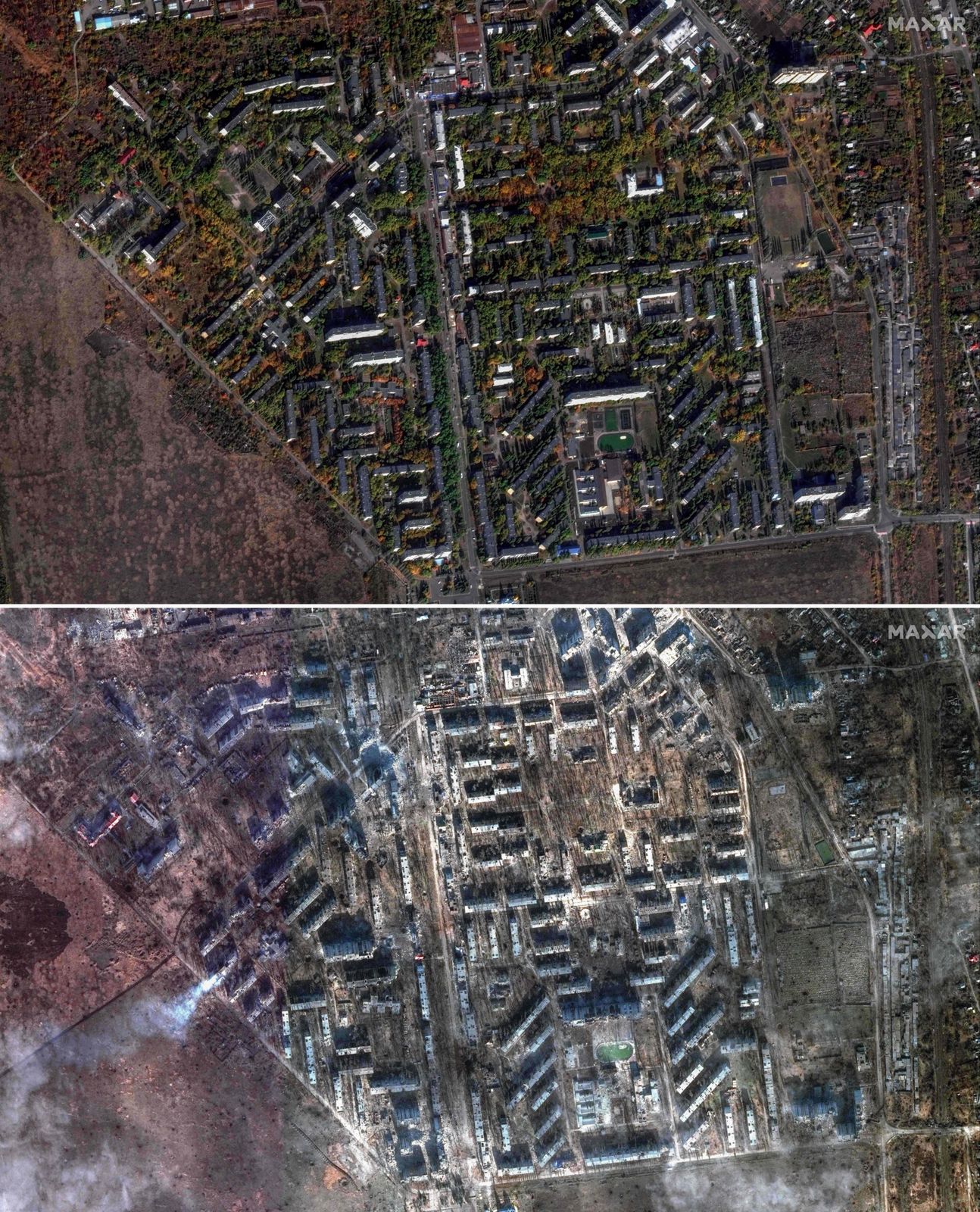 Vor und nach dem russischen Angriff: Ein Vorort von Awdijiwka. 