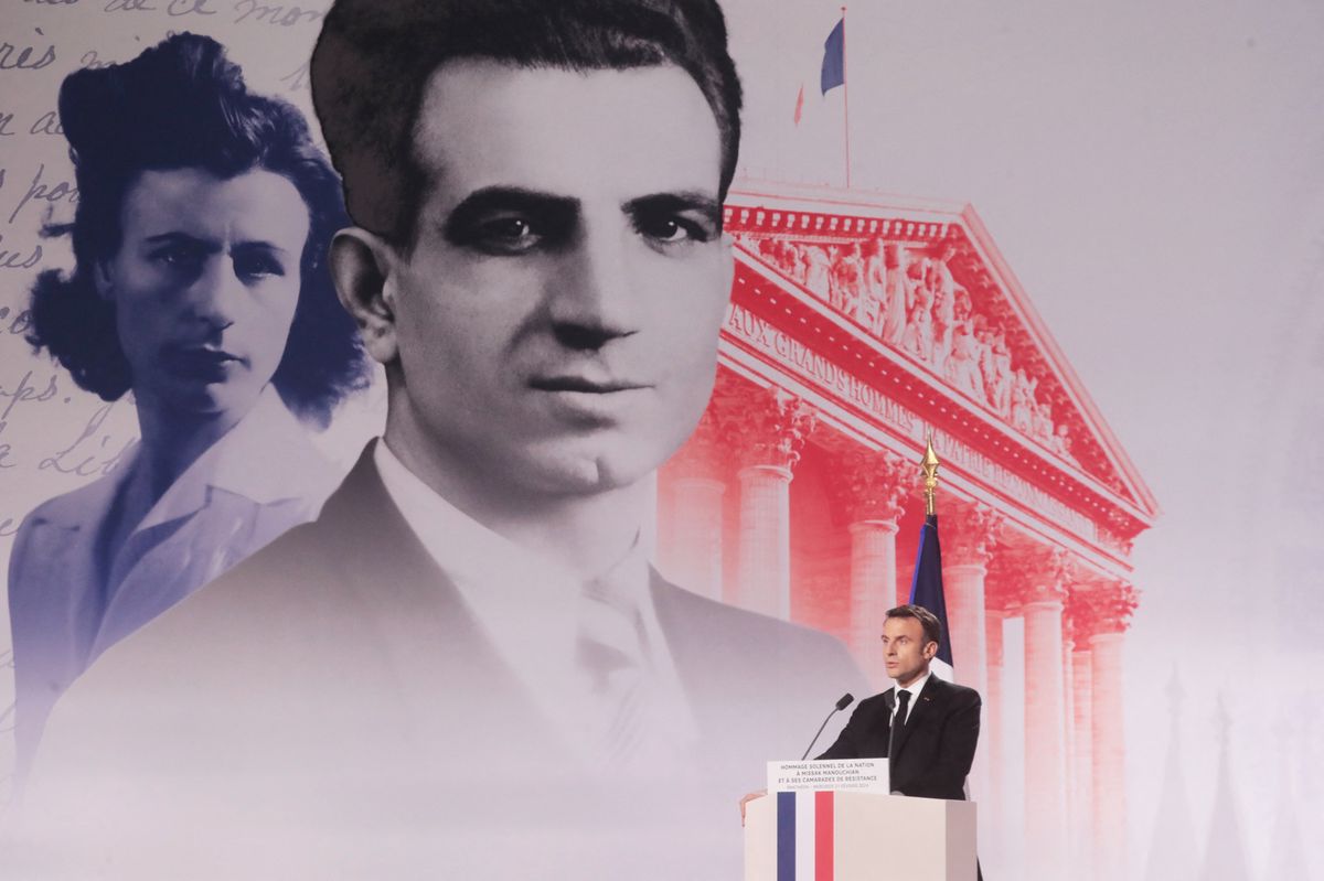 Der französische Präsident Emmanuel Macron hielt eine Rede während der nationalen Ehrung für den armenischen kommunistischen Widerstandskämpfer Missak Manouchian im Pantheon. (21. Februar 2024)